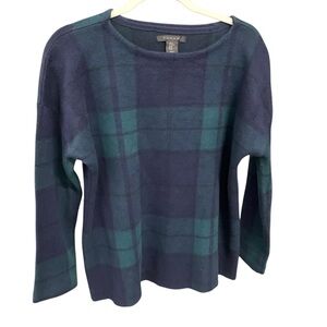 Tahari Women’s Sweater Blue and Green Plaid Scoop Neck Size XL